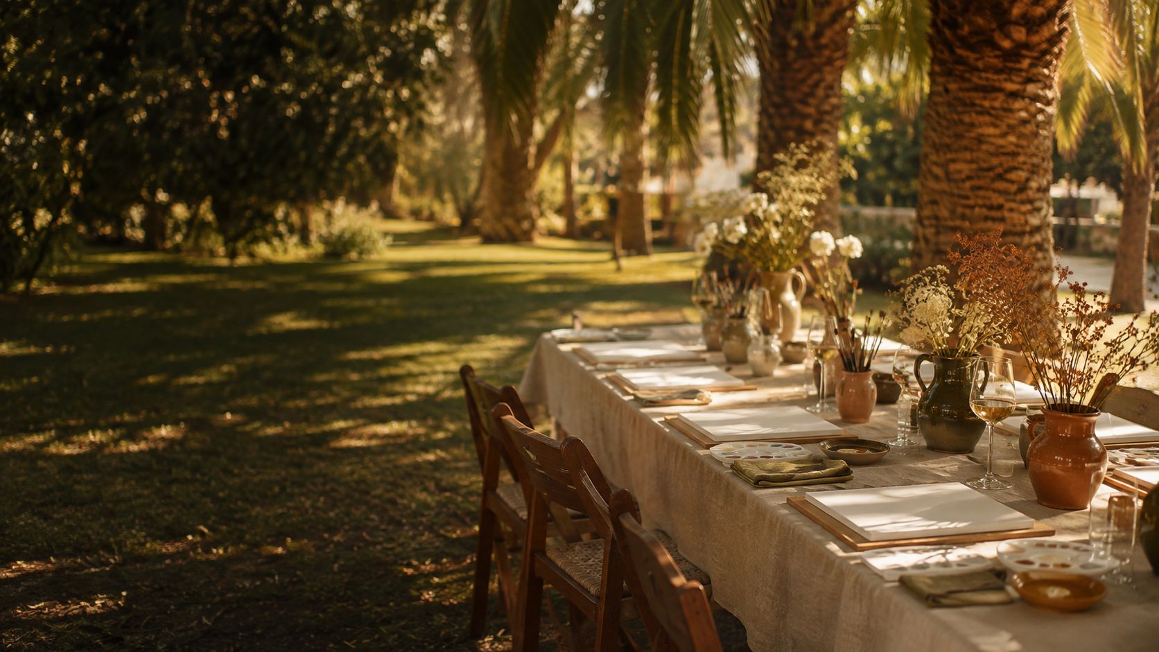 Mesa vestida bajo las palmeras, preparada para un taller creativo con lienzos, pinceles y copas de vino