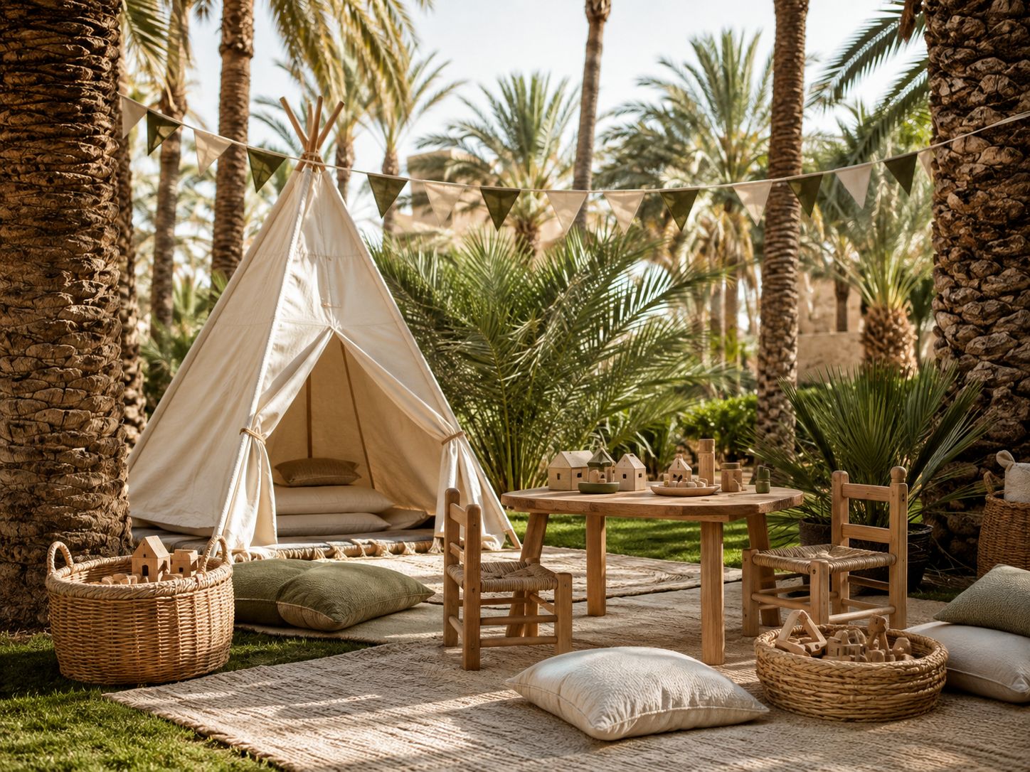 Rincón infantil con tipi de lona, mesita de madera y cestas de juguetes entre las palmeras