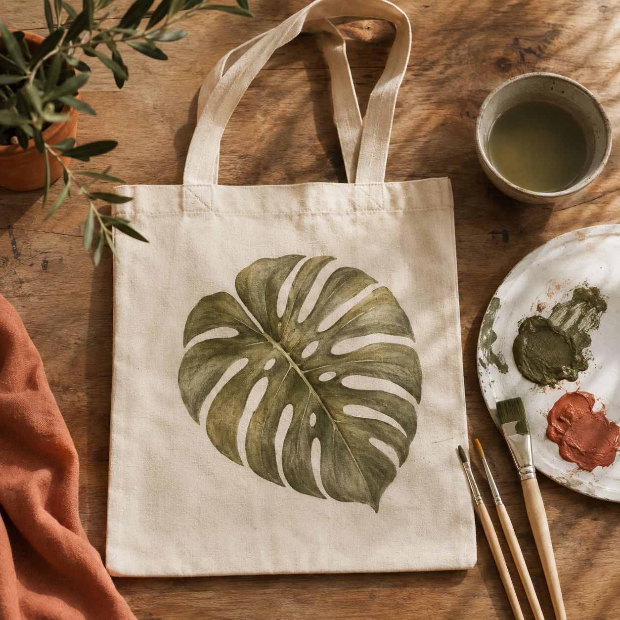 Bolso tote de algodón crudo pintado con una hoja de monstera, apoyado en una mesa de taller con pinceles y paleta de acuarelas
