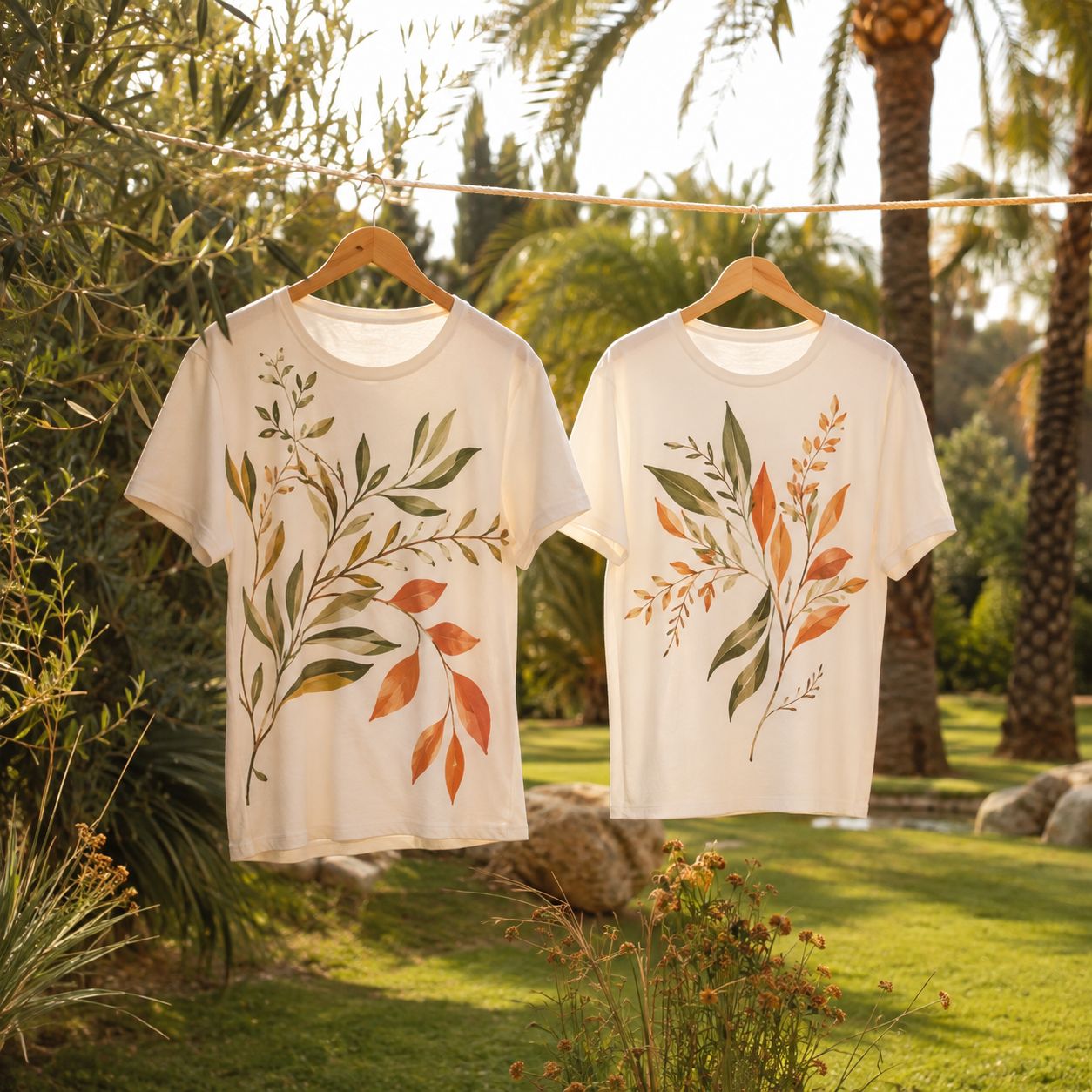 Dos camisetas blancas colgadas de perchas de madera, pintadas a mano con hojas verdes y naranjas