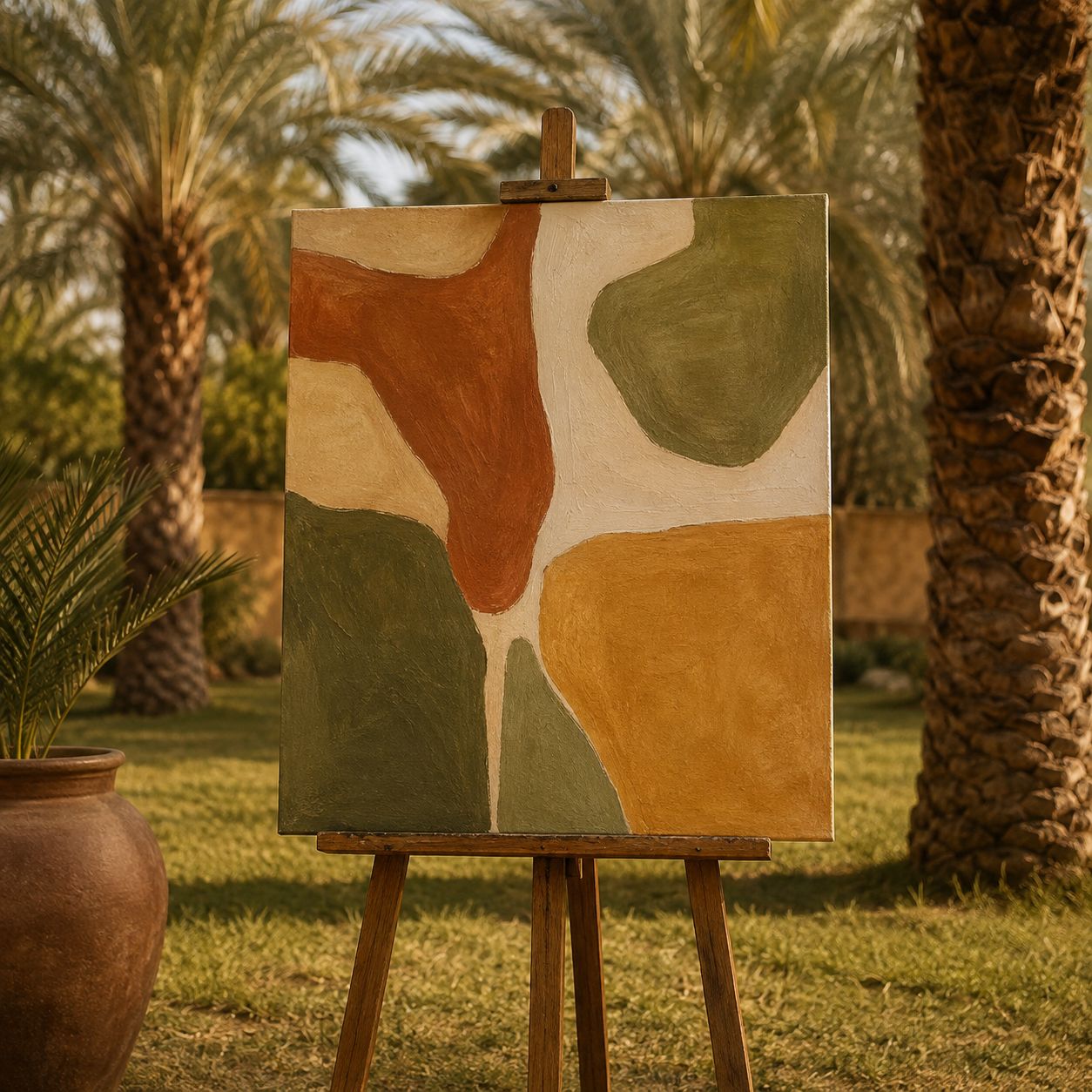Lienzo grande sobre caballete con una explosión de color abstracta, en un jardín de palmeras al atardecer