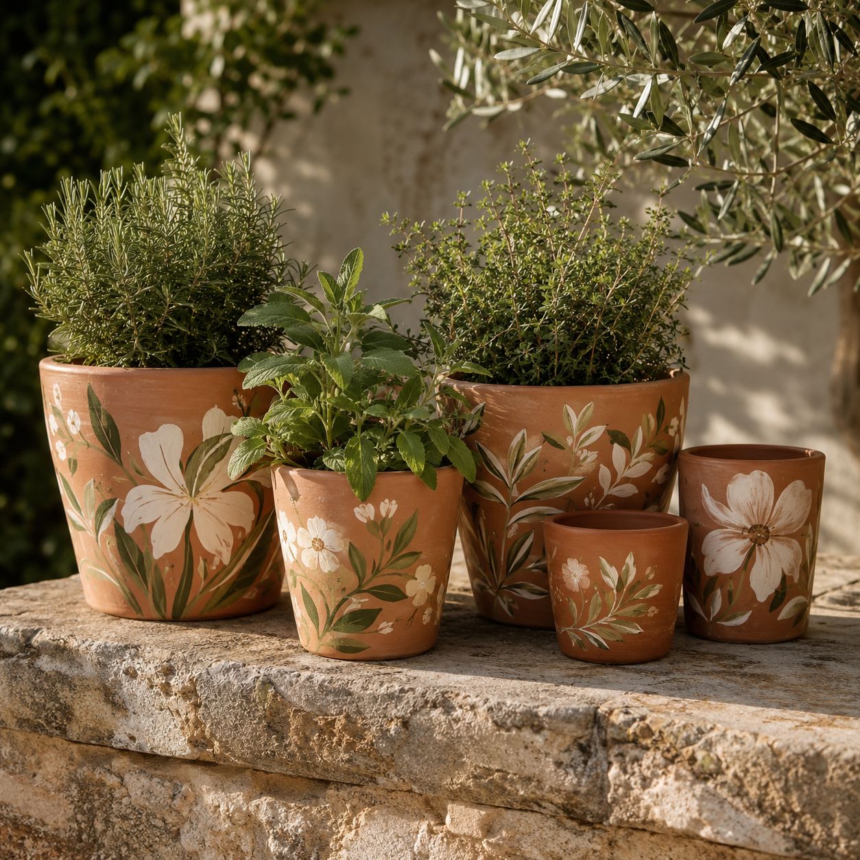 Varias macetas de terracota pintadas con flores y hojas, agrupadas sobre un banco de piedra
